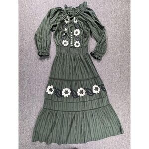 Miss June Dress Womens One Size‎ Green Boho Embroidered Floral Maxi Long Sleeve